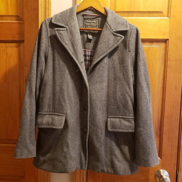 Abercrombie & Fitch Grey Wool Coat Size Med Button Down Plaid lining Unisex - Picture 1 of 6